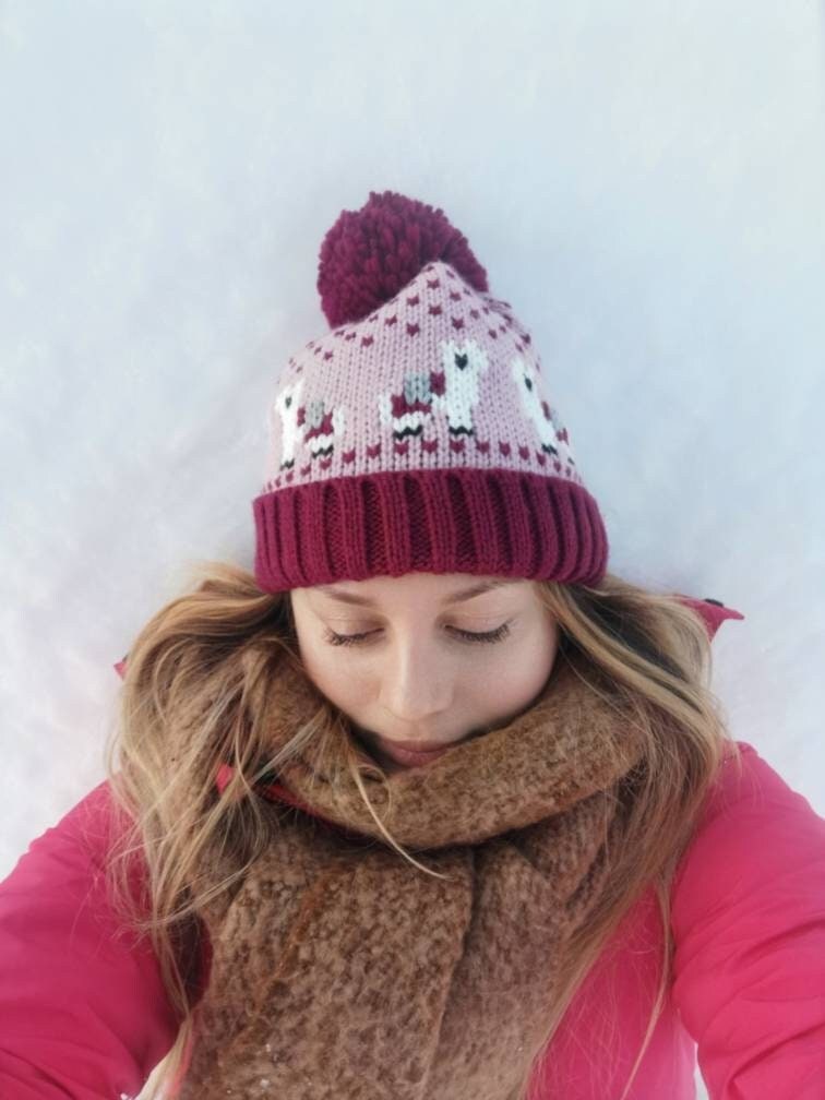 Llama Knitted Beanie Bobble Hat Children Woman Animal Pink Green Adult Kid Family Matching  Style Christmas gift