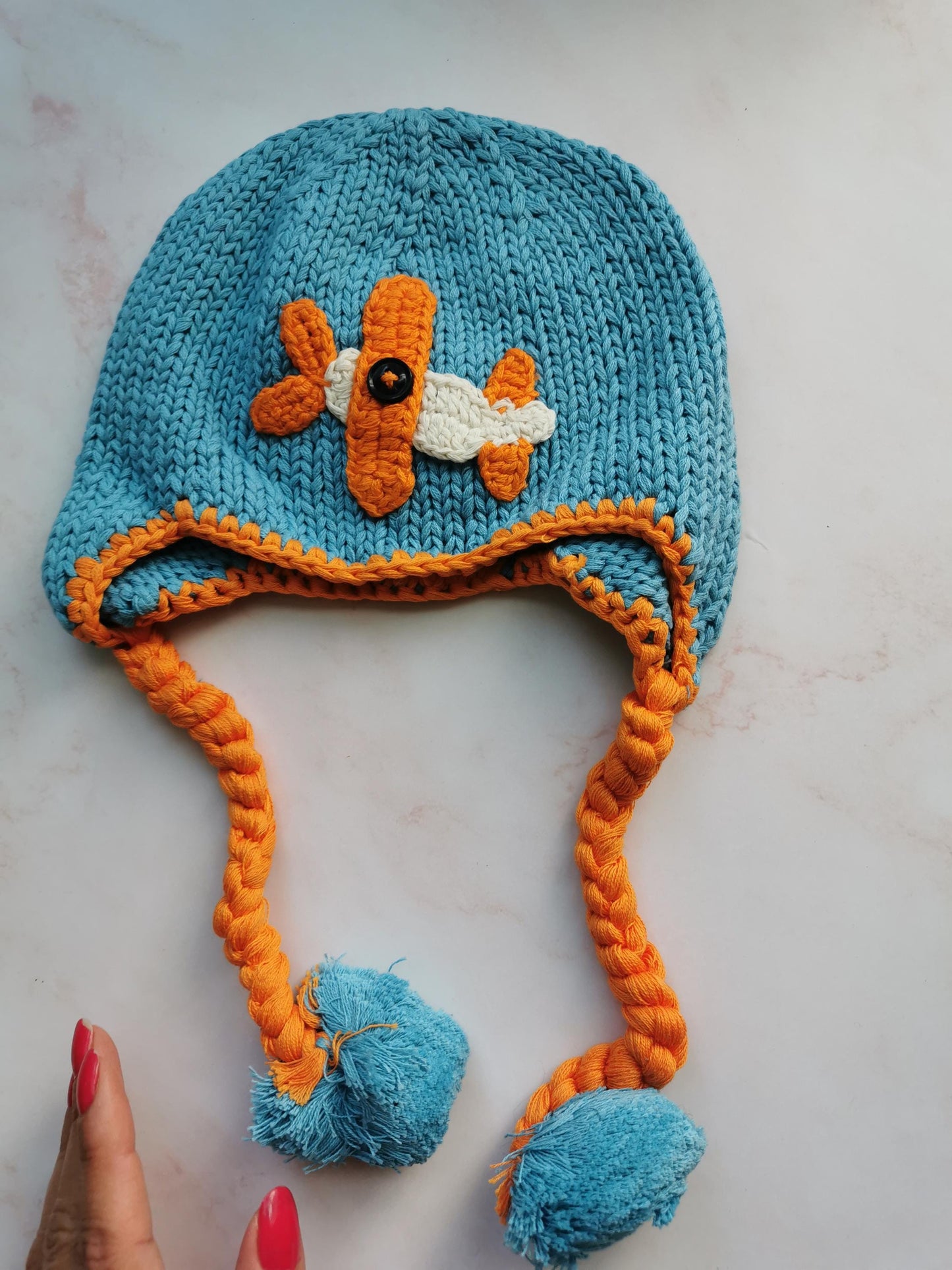 Kids Airplane Hat with Earflaps - Sky Blue Cotton Beanie - Hand Knit Winter Hat - Pom Pom Ties - Boys Girls Aviation - 2-6 Years - Handmade