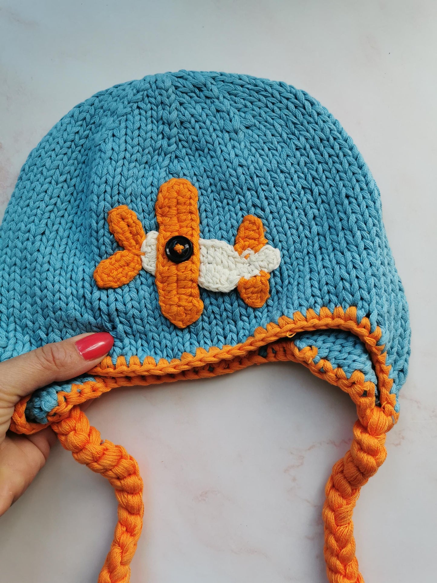 Kids Airplane Hat with Earflaps - Sky Blue Cotton Beanie - Hand Knit Winter Hat - Pom Pom Ties - Boys Girls Aviation - 2-6 Years - Handmade