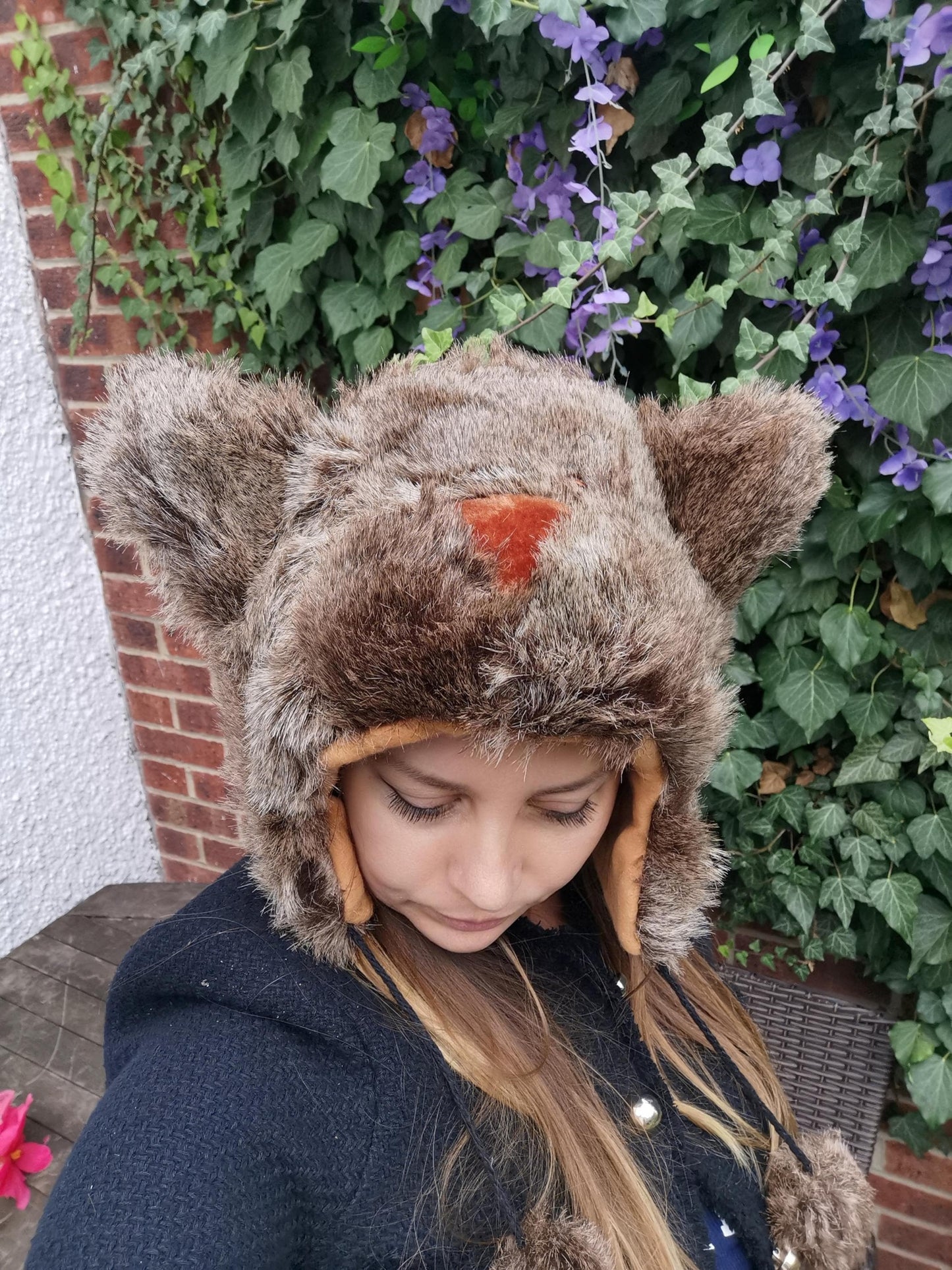 Furry Bear Hat With Pom-Poms Adults' Women Men Ladies Unisex Funny Winter