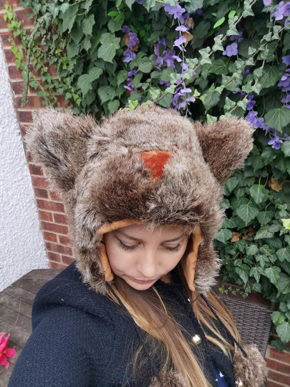 Furry Bear Hat With Pom-Poms Adults' Women Men Ladies Unisex Funny Winter