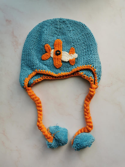 Kids Airplane Hat with Earflaps - Sky Blue Cotton Beanie - Hand Knit Winter Hat - Pom Pom Ties - Boys Girls Aviation - 2-6 Years - Handmade