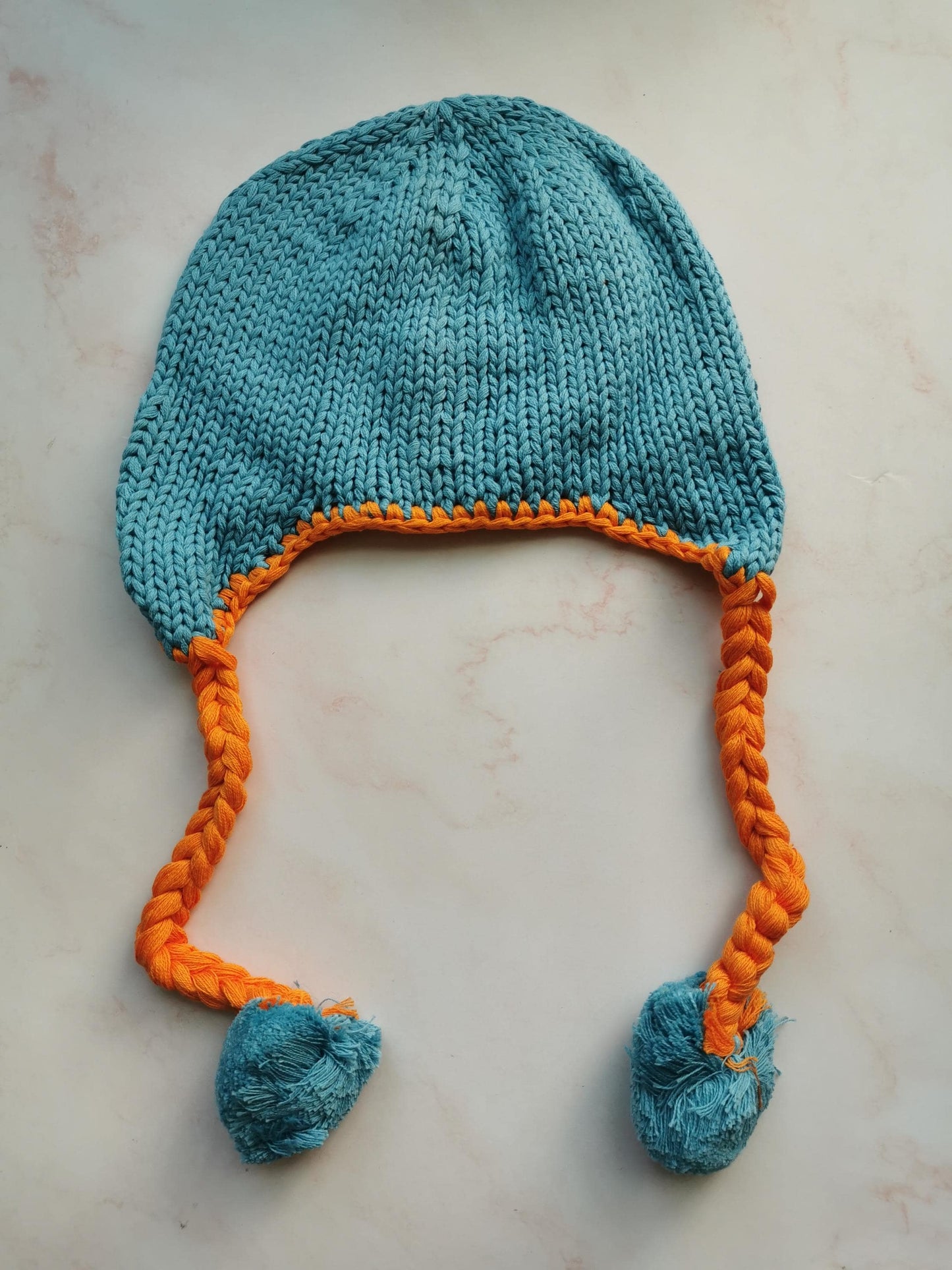 Kids Airplane Hat with Earflaps - Sky Blue Cotton Beanie - Hand Knit Winter Hat - Pom Pom Ties - Boys Girls Aviation - 2-6 Years - Handmade