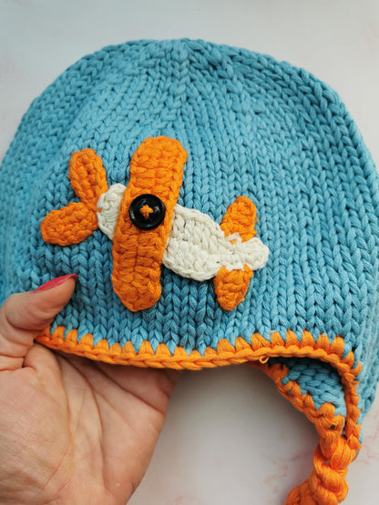 Kids Airplane Hat with Earflaps - Sky Blue Cotton Beanie - Hand Knit Winter Hat - Pom Pom Ties - Boys Girls Aviation - 2-6 Years - Handmade