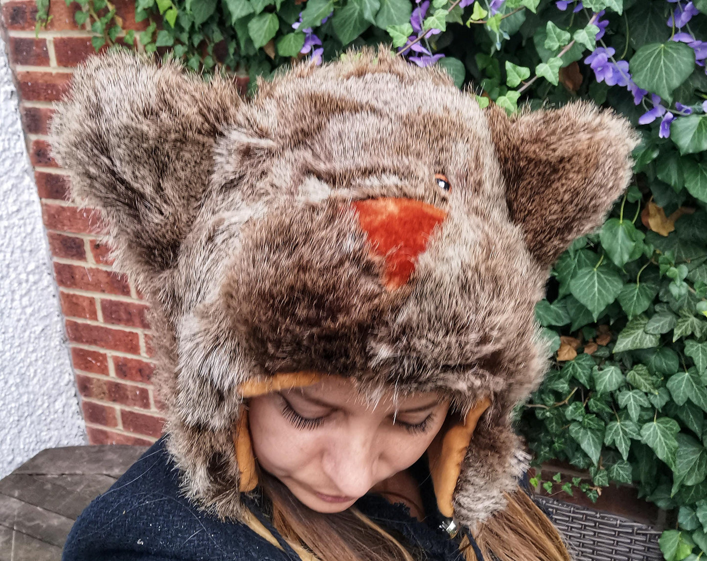 Furry Bear Hat With Pom-Poms Adults' Women Men Ladies Unisex Funny Winter