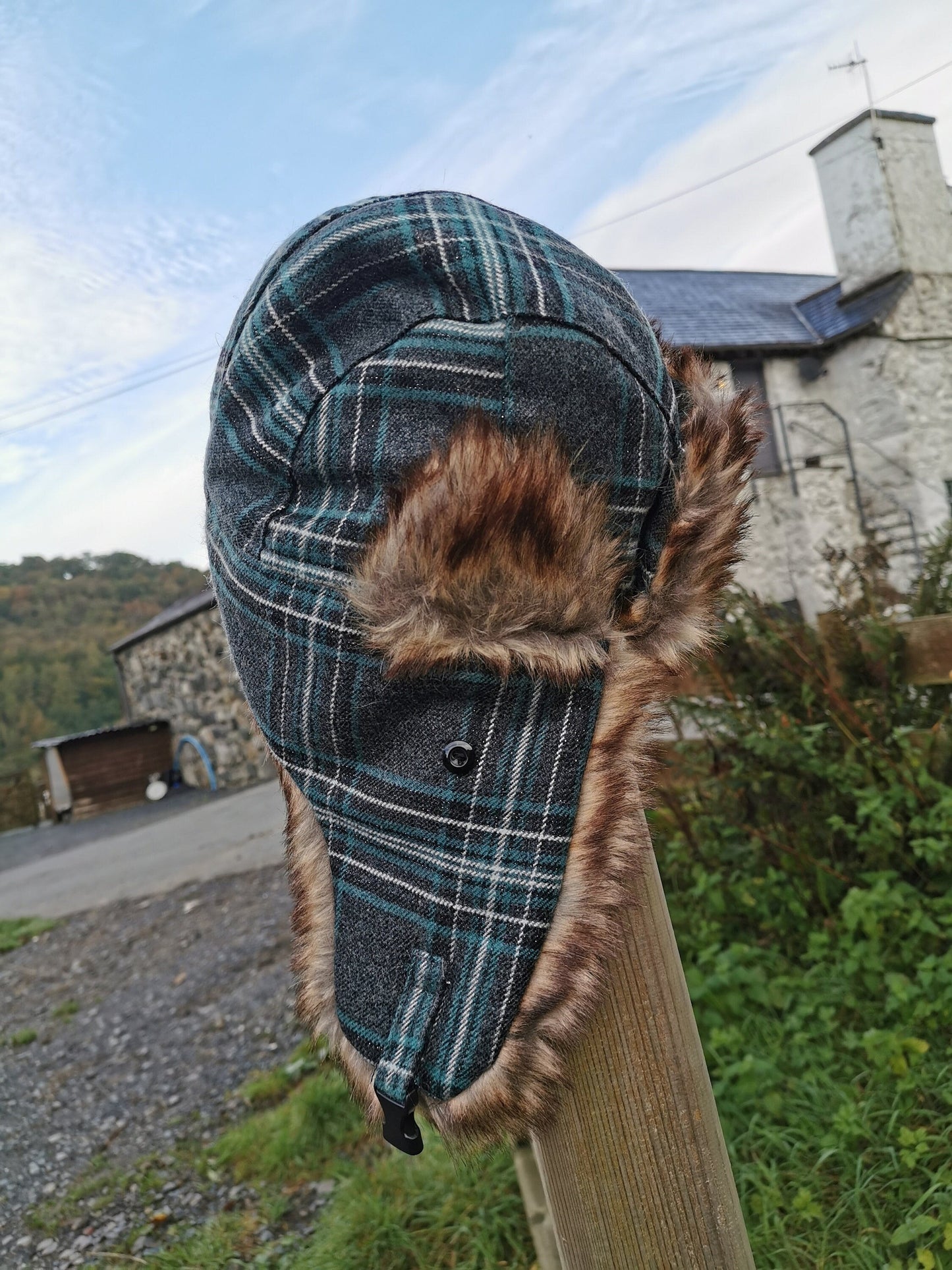 Ladies Checked Trapper Hat with faux fur trim