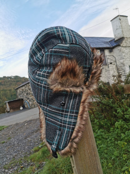Ladies Checked Trapper Hat with faux fur trim
