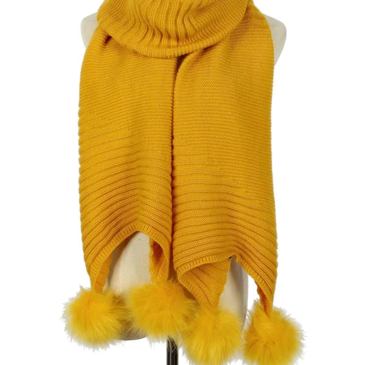 Knitted Faux Fur Pom Pom Scarf in Mustard