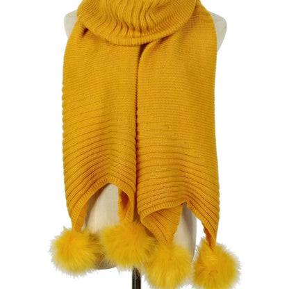 Knitted Faux Fur Pom Pom Scarf in Mustard