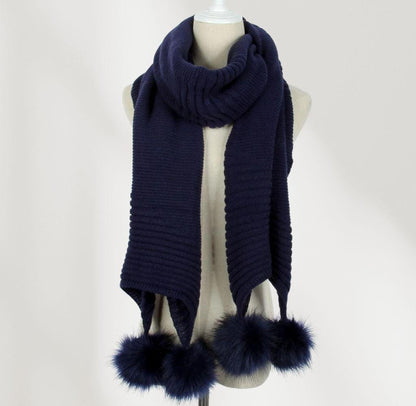 Knitted Faux Fur Pom Pom Scarf in Navy