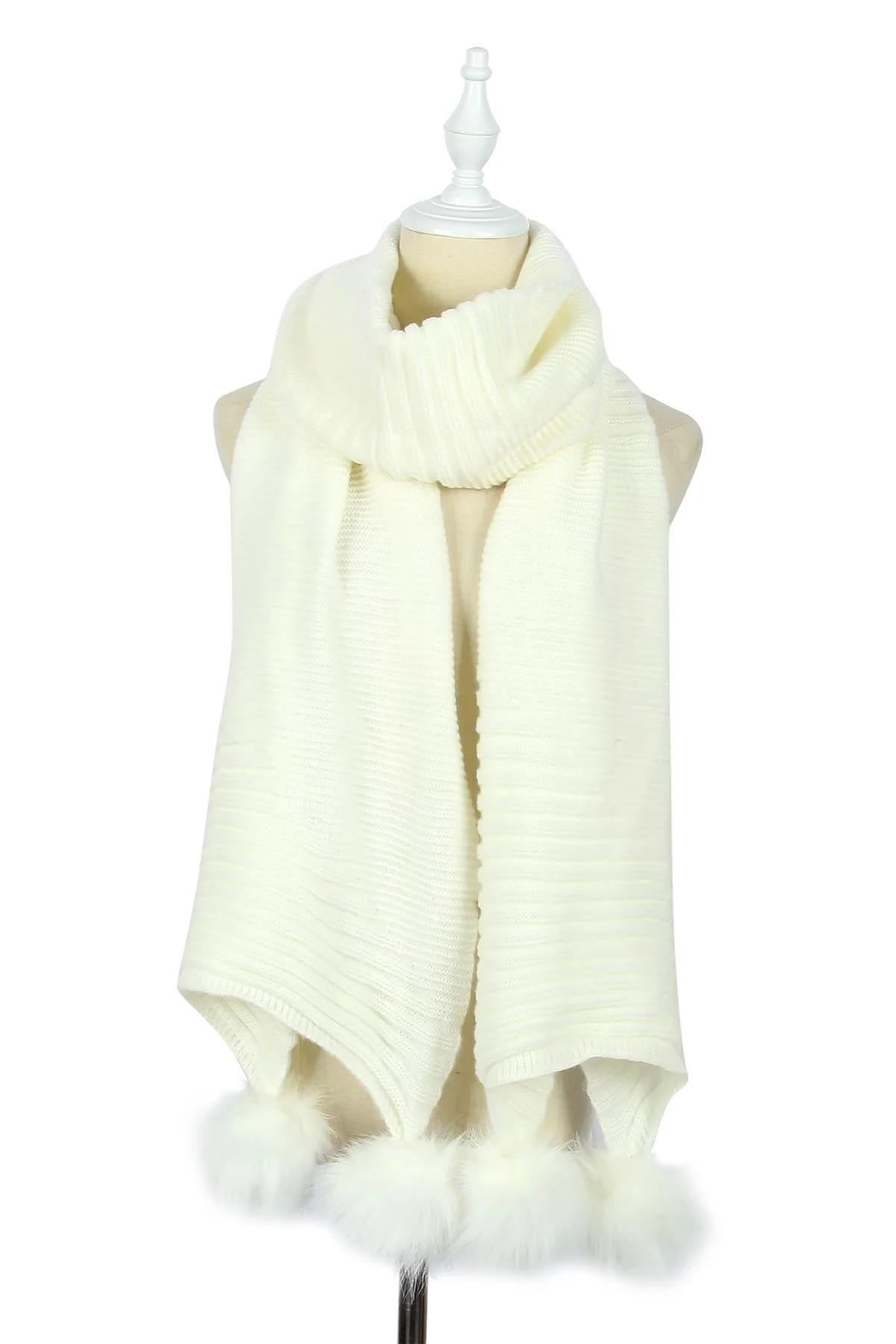 Knitted Faux Fur Pom Pom Scarf