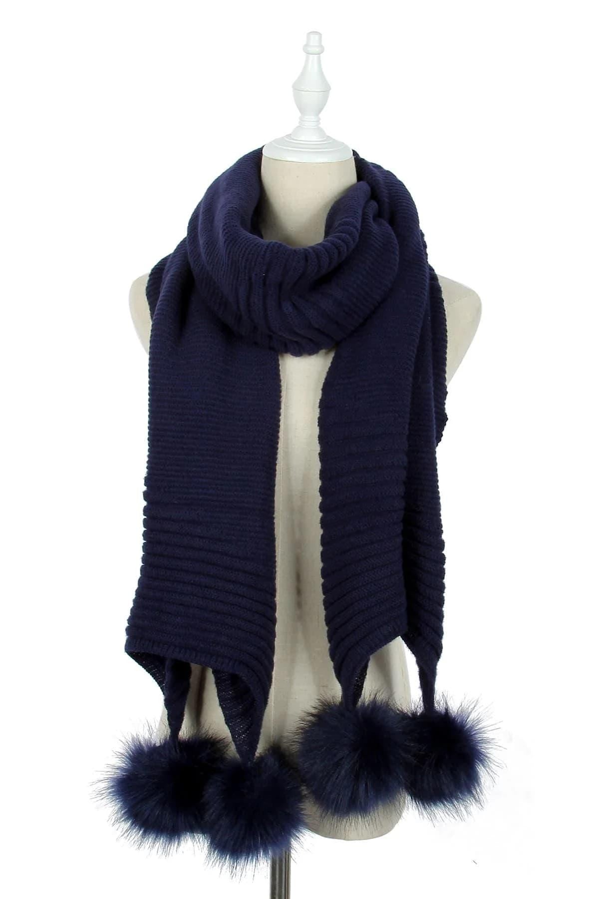 Knitted Faux Fur Pom Pom Scarf in Navy
