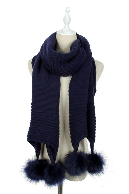 Knitted Faux Fur Pom Pom Scarf in Navy