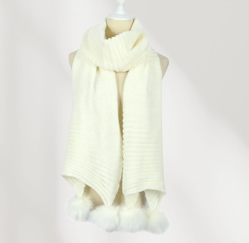 Knitted Faux Fur Pom Pom Scarf in White