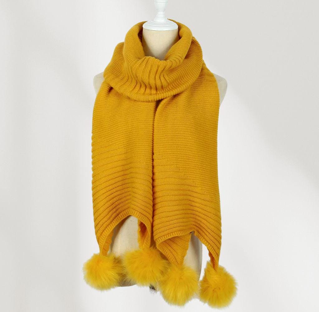 Knitted Faux Fur Pom Pom Scarf in Mustard