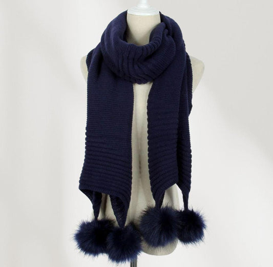 Knitted Faux Fur Pom Pom Scarf