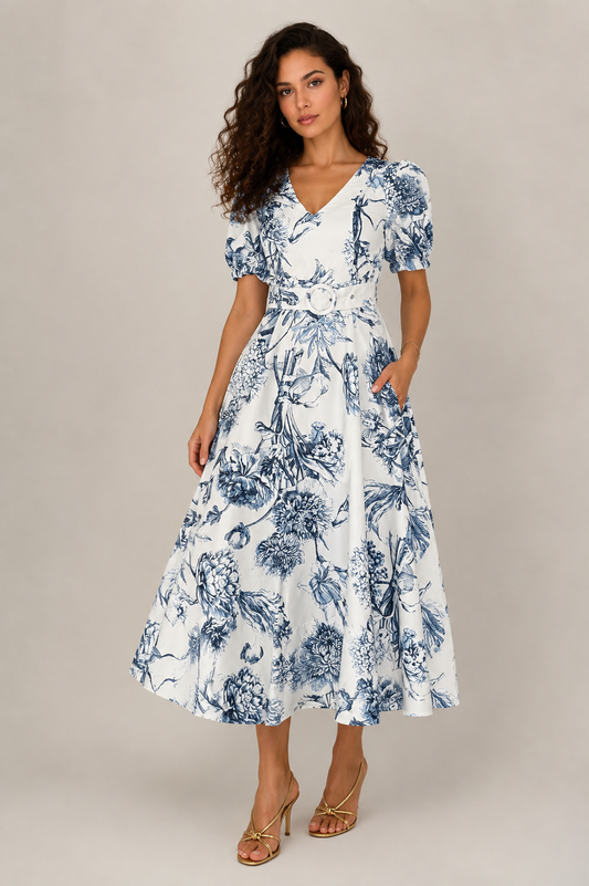 A woman modeling a white midi dress with a blue floral toile pattern, featuring puff sleeves, a V-neckline, and a self-tie waist belt, set against a plain light gray studio background.