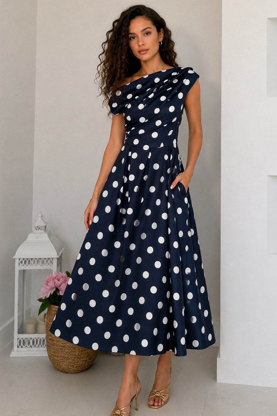 A woman models a navy blue midi dress with white polka dots, featuring an off-the-shoulder neckline, cap sleeves, and a flared skirt with pockets, set against a minimalist white interior background.