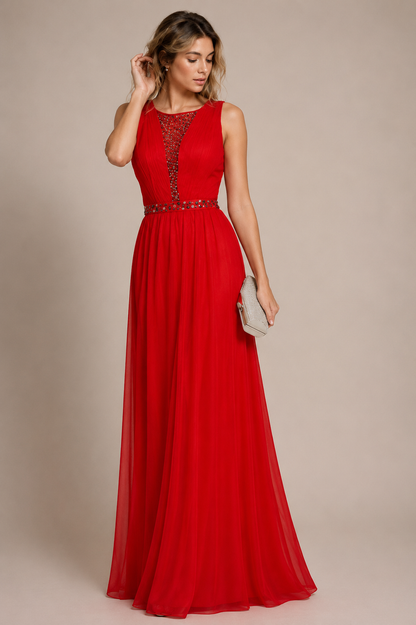 RED SHEER BEADED PANEL SLEEVELESS MAXI DRESS Chi Chi London