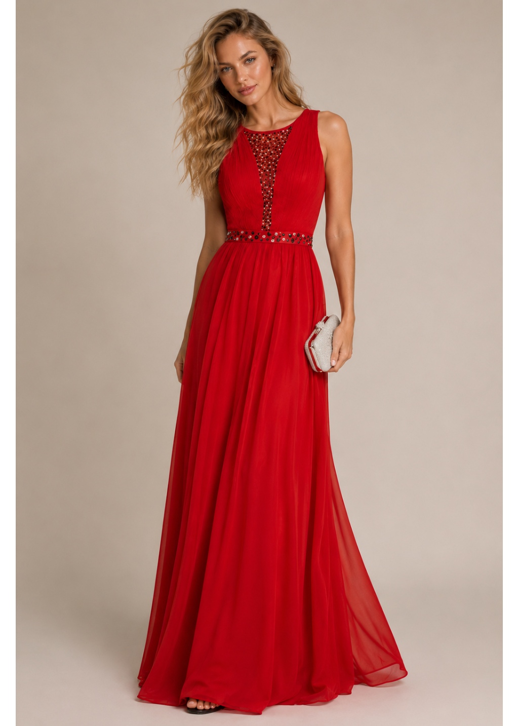 RED SHEER BEADED PANEL SLEEVELESS MAXI DRESS Chi Chi London