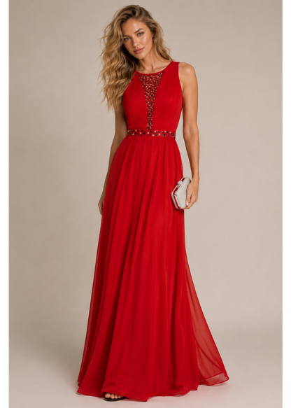 RED SHEER BEADED PANEL SLEEVELESS MAXI DRESS Chi Chi London