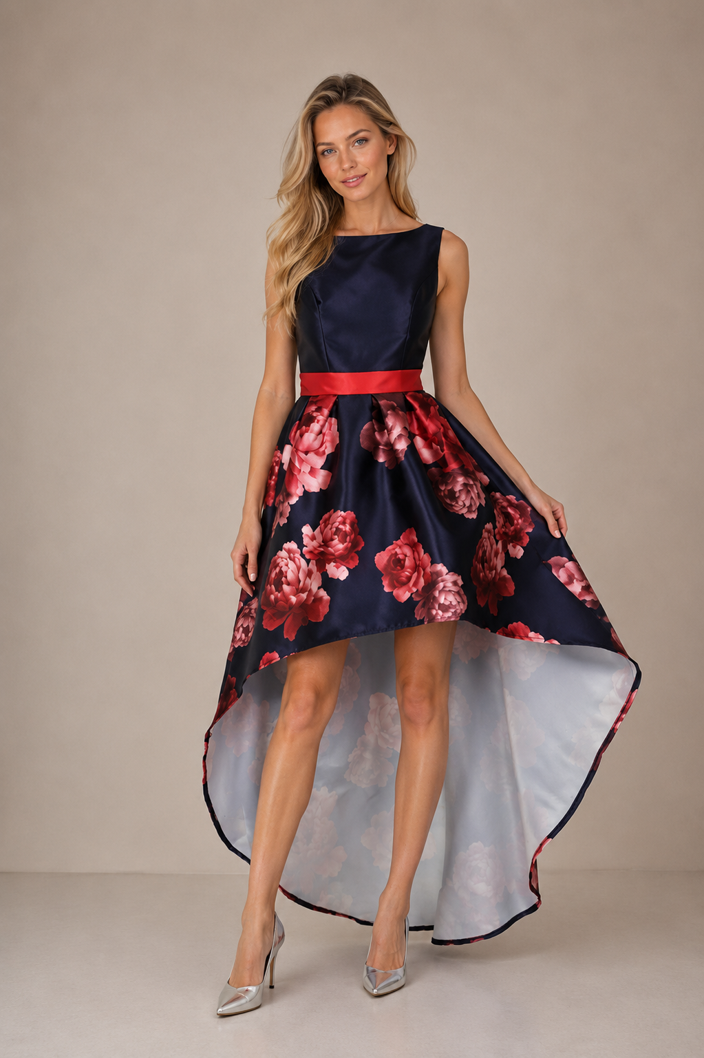 Luxurious Floral Sateen Midi Dress – Pleated Dip Hem Prom & Occasion Dress