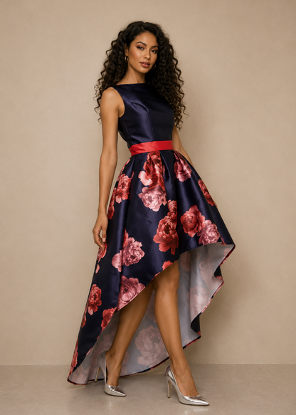 Luxurious Floral Sateen Midi Dress – Pleated Dip Hem Prom & Occasion Dress