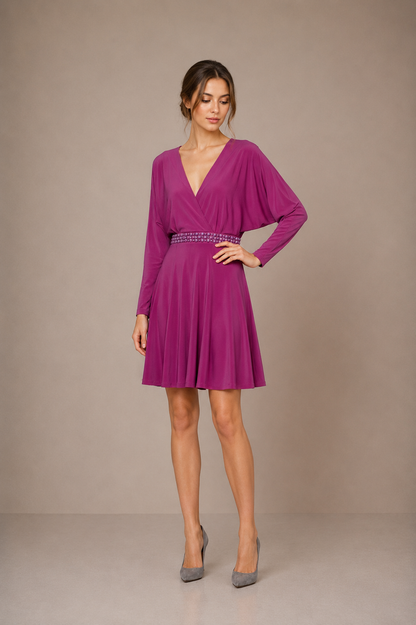 Elegant Purple Embellished Dress Long Sleeves