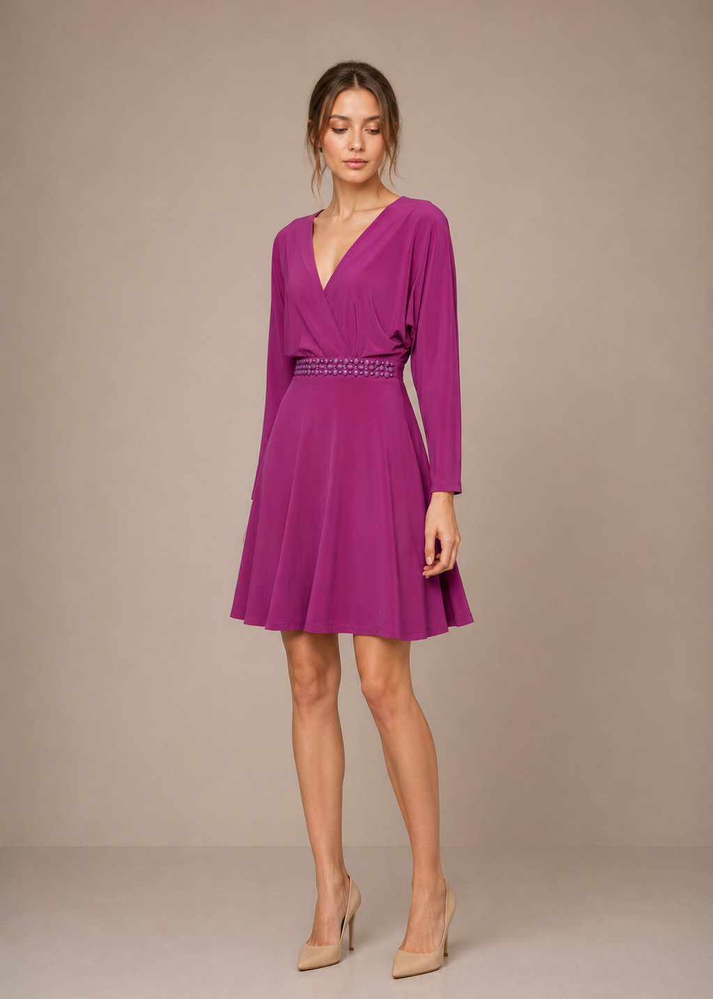Elegant Purple Embellished Dress Long Sleeves