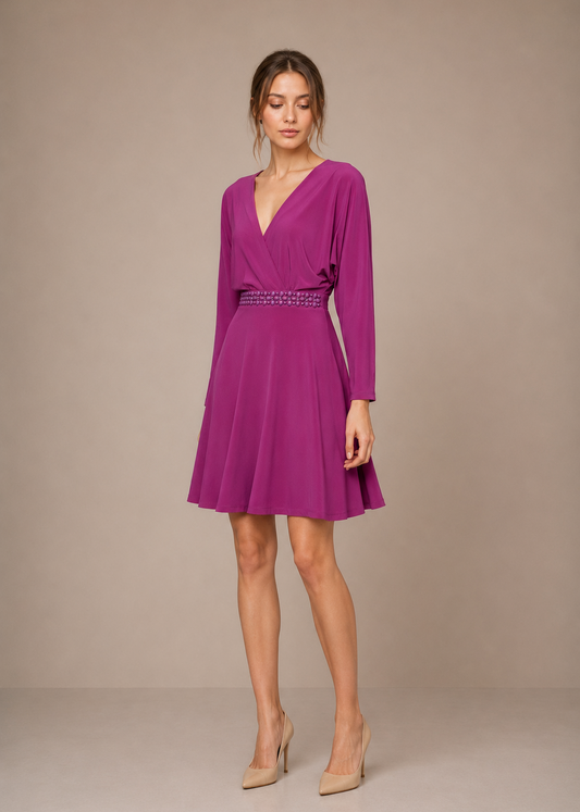 Elegant Purple Embellished Dress Long Sleeves
