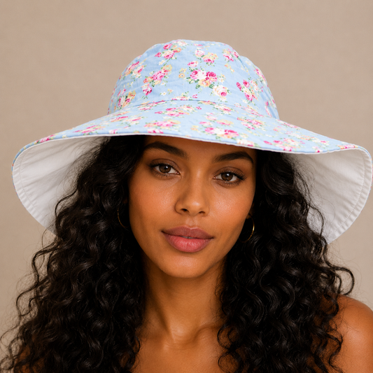 Ladies Summer Hat Wide Brim Flower Floppy Sun Hat Reversible Pink Blue Cotton Handmade