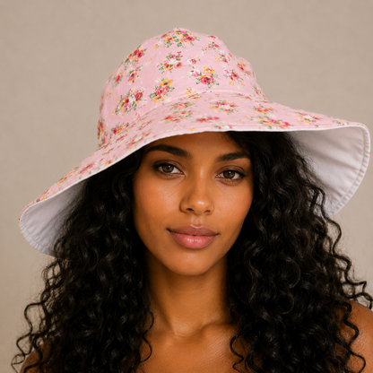 Ladies Summer Hat Wide Brim Flower Floppy Sun Hat Reversible Pink Blue Cotton Handmade