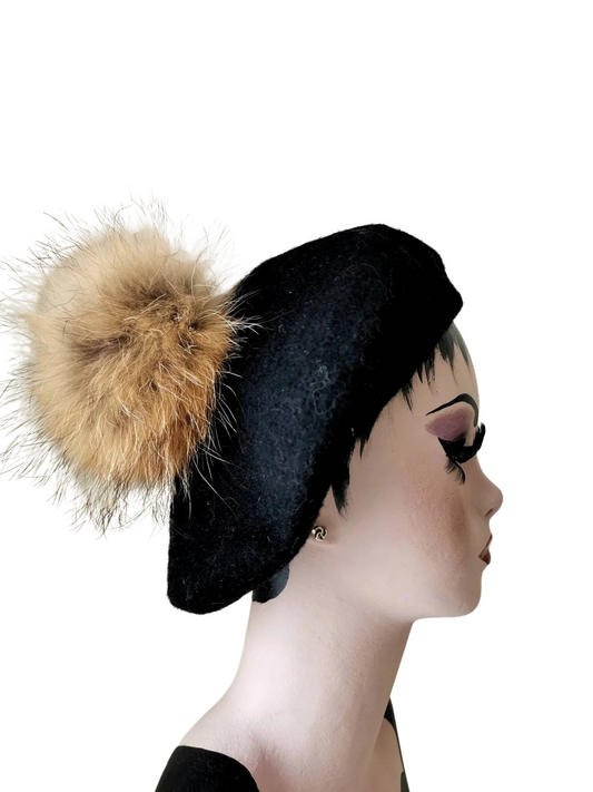 Wool beret Vintage Style with Racoon pom pom real fur