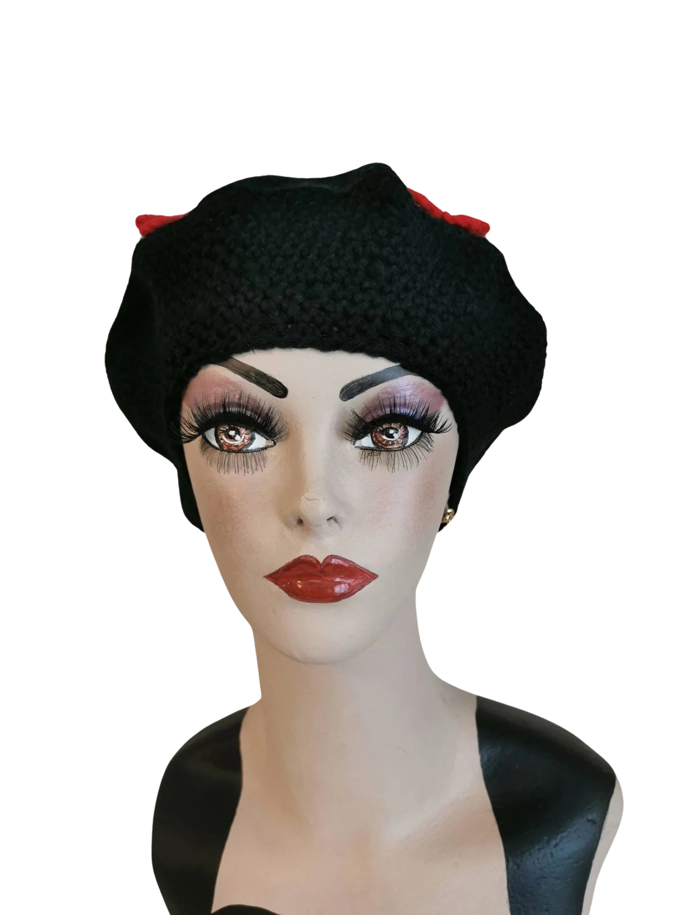 Crochet poppy beret Black Red Floral