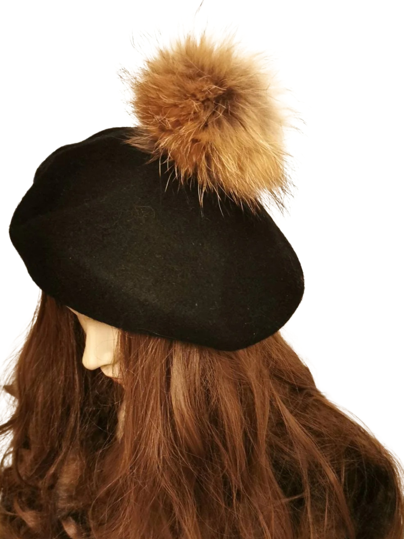 Wool beret Vintage Style with Racoon pom pom real fur