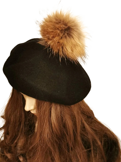 Wool beret Vintage Style with Racoon pom pom real fur