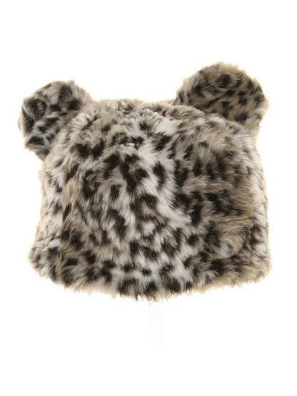 Faux fur leopard cat hat with ears