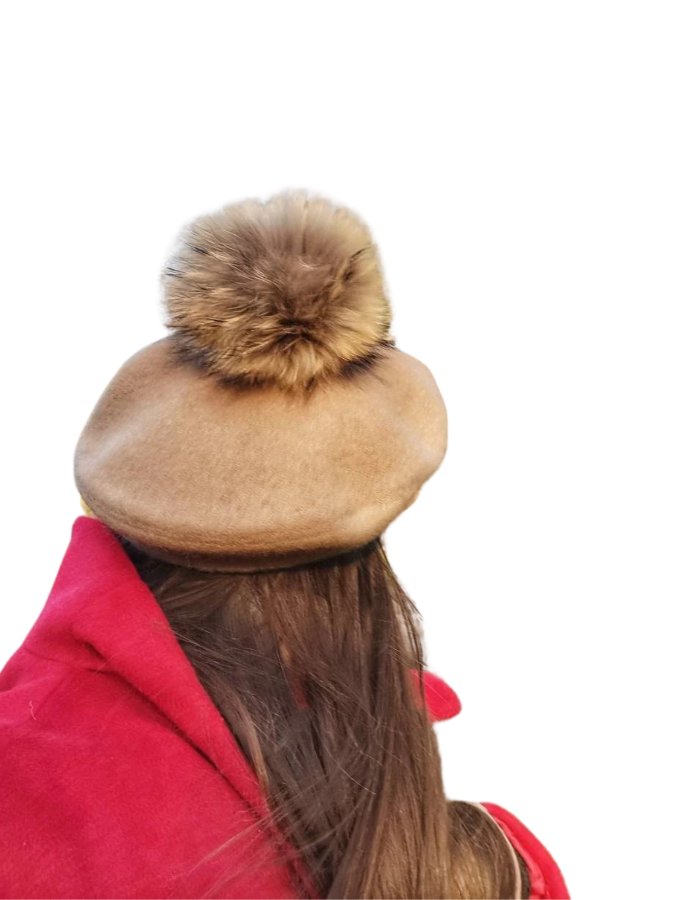 Wool beret Vintage Style with Racoon pom pom real fur