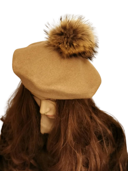 Wool beret Vintage Style with Racoon pom pom real fur