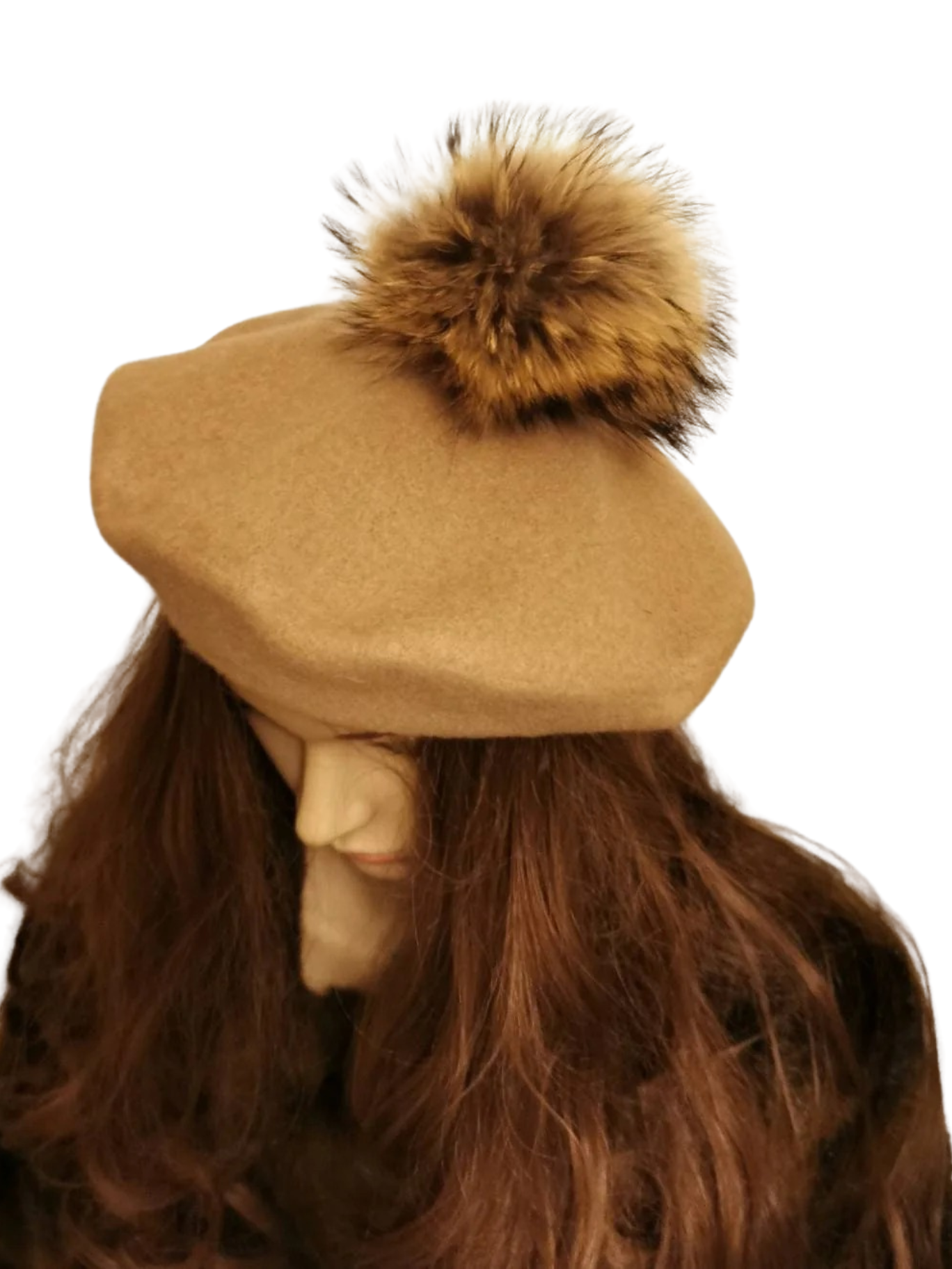 Wool beret Vintage Style with Racoon pom pom real fur