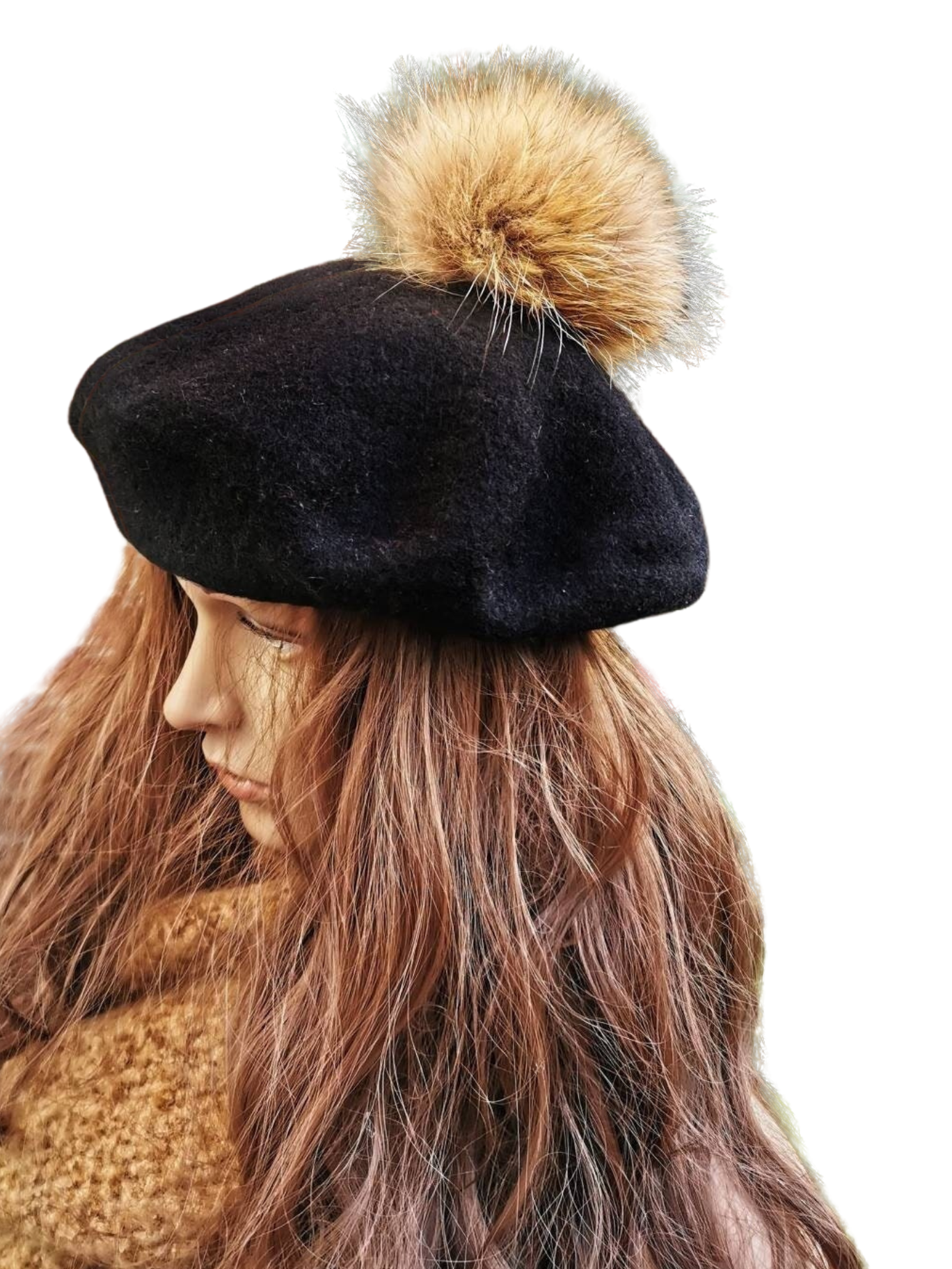 Wool beret Vintage Style with Racoon pom pom real fur