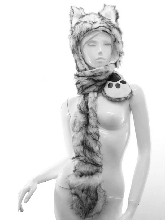 Long Faux Fur Ears Animal Hat Scarf With Pockets Woman Girl Panda Tiger Wolf Christmas gift