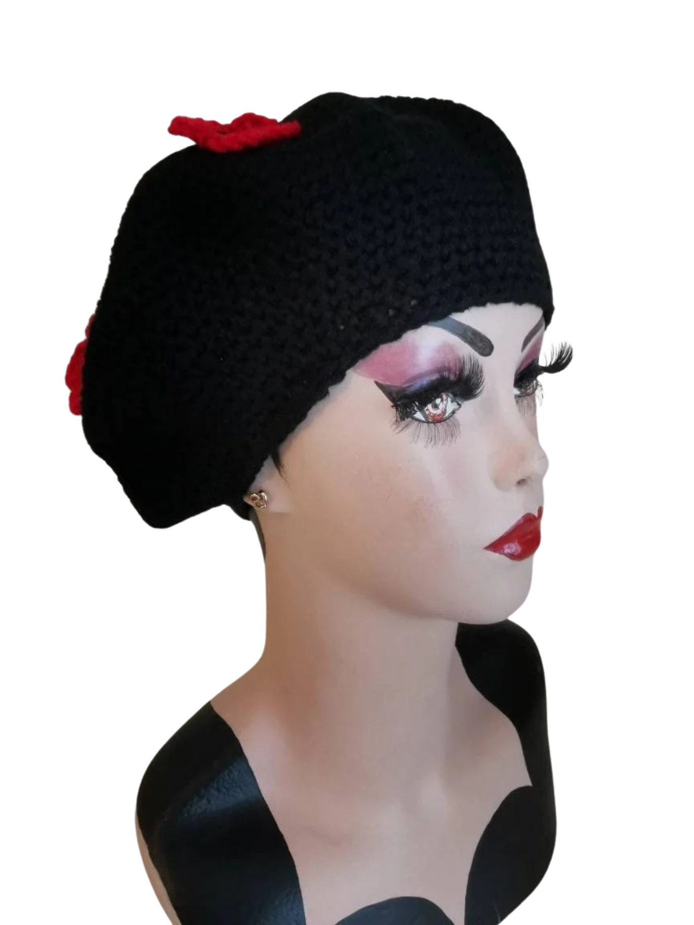 Crochet poppy beret Black Red Floral