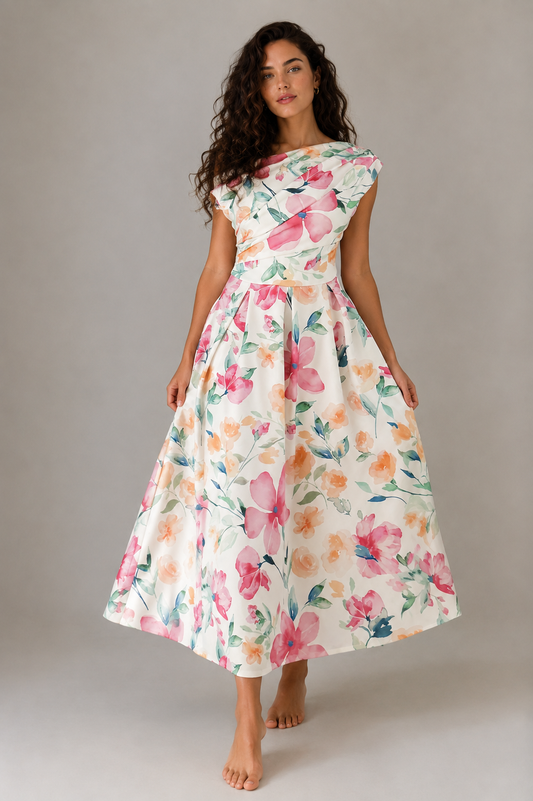 Floral Print Asymmetric Neckline Skater Midi Dress