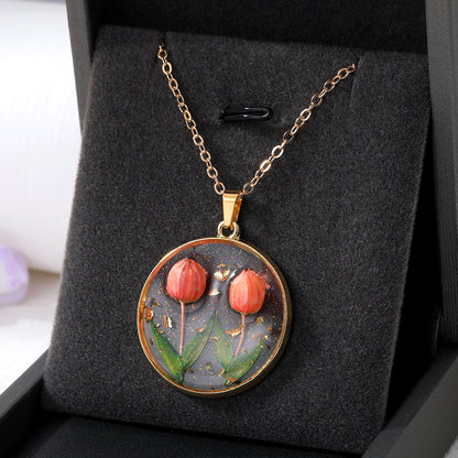 Mini Tulip Necklace Real Flowers Resin