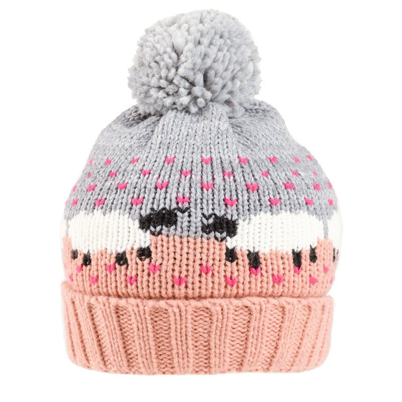 Ladies’ Blush Pink Sheep Print Knitted Bobble Hat