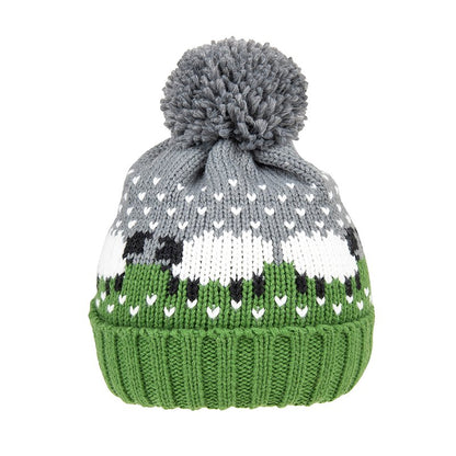 Ladies’ Green Sheep Print Knitted Bobble Hat