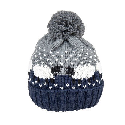 Ladies’ Blue Sheep Print Knitted Bobble Hat