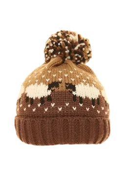Ladies’ Brown Sheep Print Knitted Bobble Hat