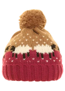 Ladies’ Raspberry Sheep Print Knitted Bobble Hat